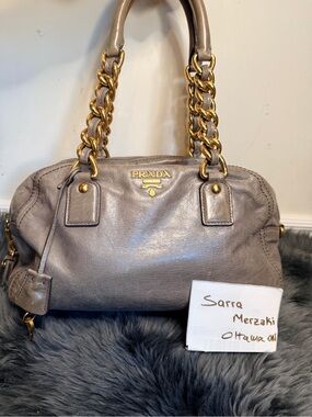 Prada Gray Leather Shoulder Bag with Gold Chain Straps